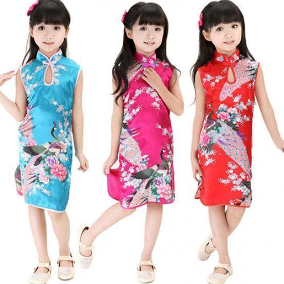 Elegant Children Girls Chinese Cheongsam Dress With Floral Peacock Pattern Sleeveless Summer Wear