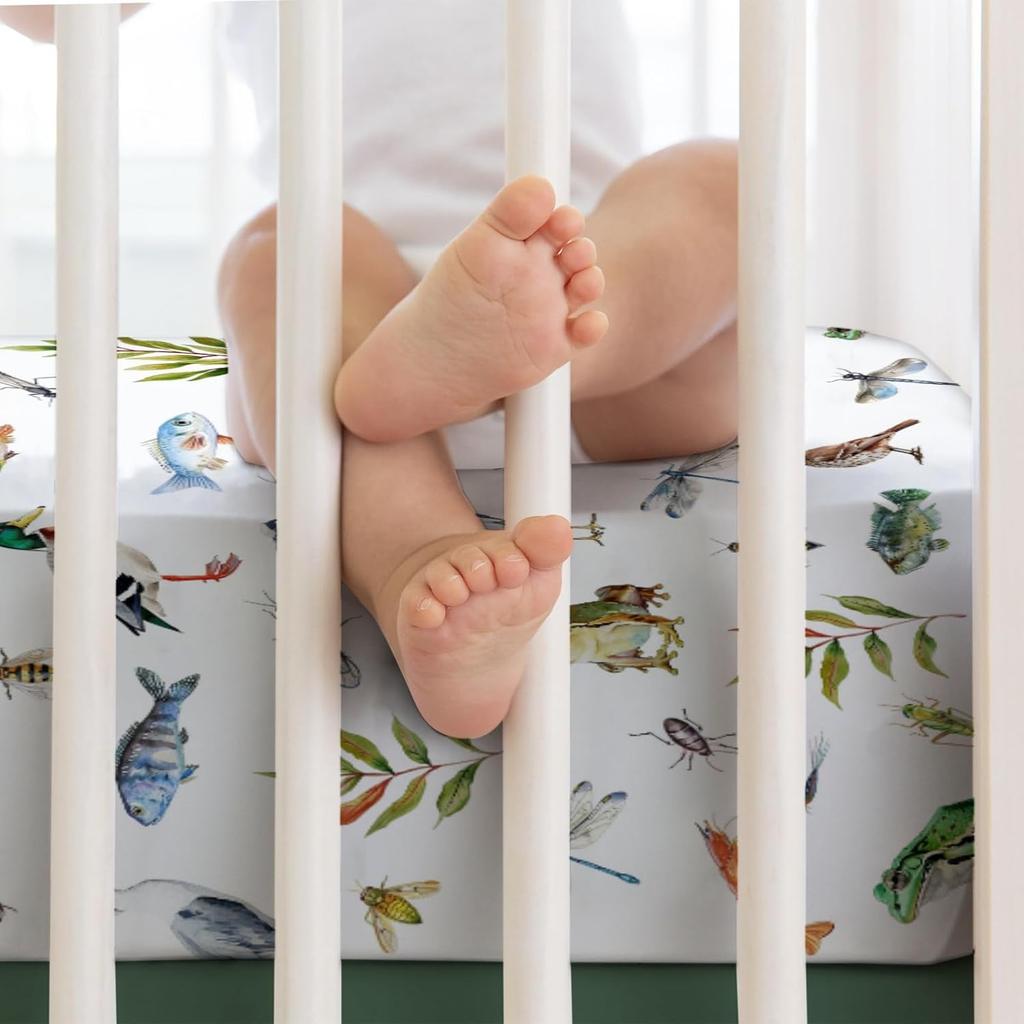 Wildlife Pond Baby Crib Sheets 52''x28'' Wild Animals Frogs Duck Fish Bird Weeds Snug Fitted Crib Mattress Cover for Boy Girl Fishing Hunting Soft