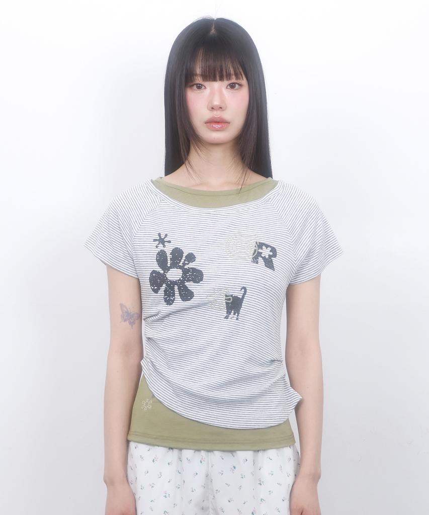 LMR Motif Embroidered Striped Layered T-Shirt Green