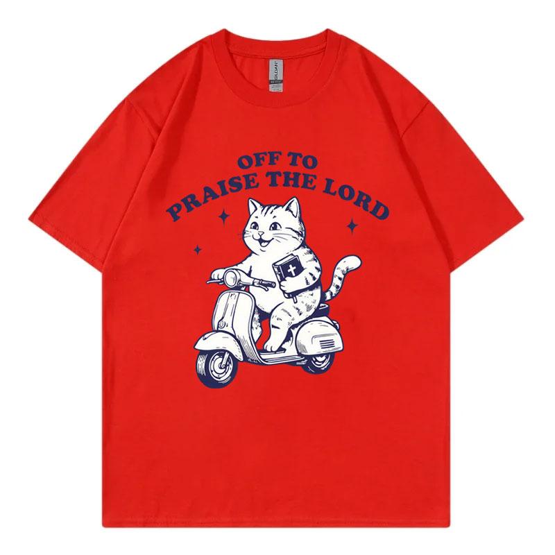 Off To Praise The Lord Christian T Shirt Funny Cat On Scooter With Bible Meme Tshirts Unisex Unisex Casual Fashion Loose Tshirt
