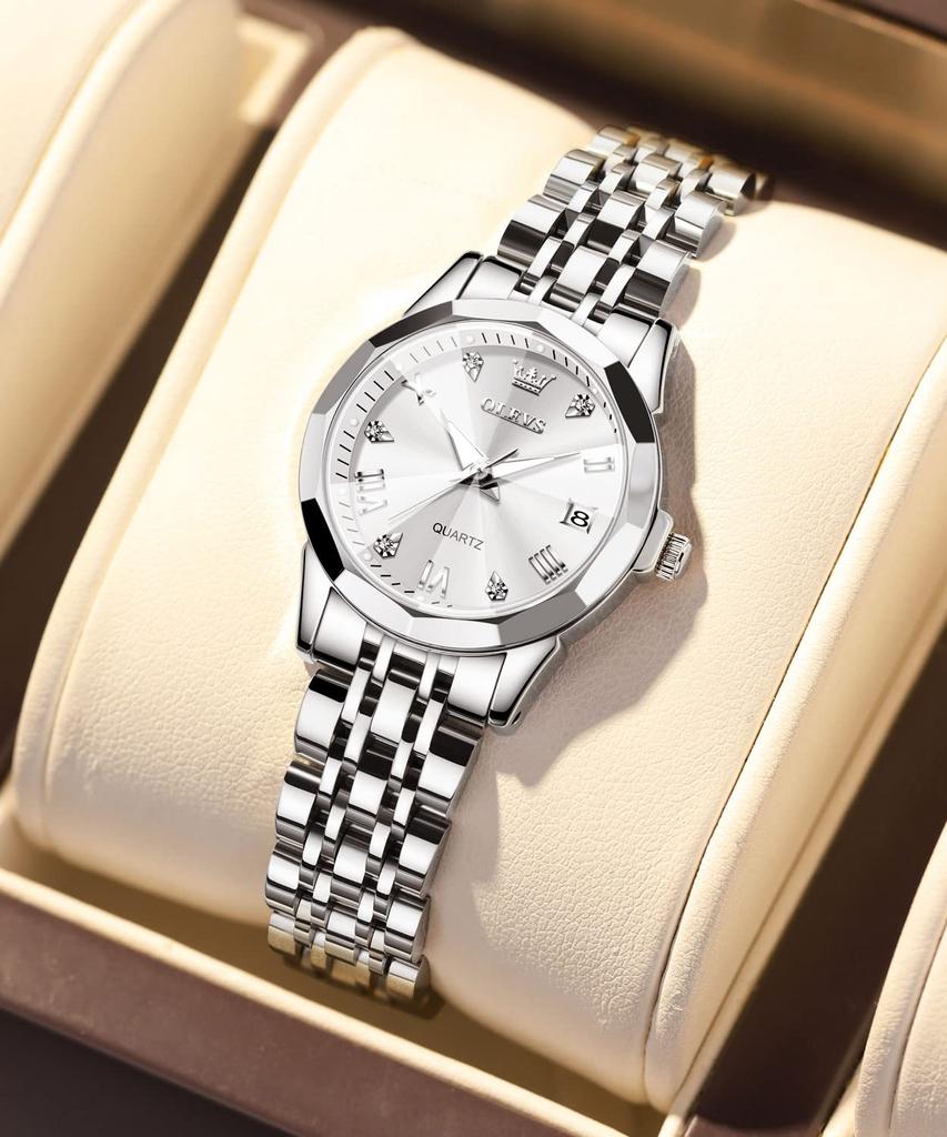 OLEVS Analog Quartz 30M Water Date Silver Stainless Steel Roman White Small Size Women's Watch, Resistant, Display, Band, Numerals, Dial,