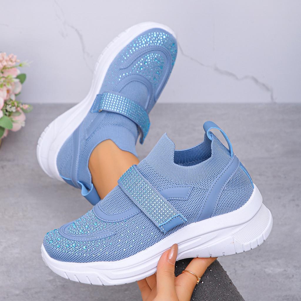 Женские кроссовки Flyknit широкой полноты с кристальной отделкой - Повседневная обувь на глубокой V-образной платформе с ремешком на липучке с бусинами, Дышащие модные кроссовки
