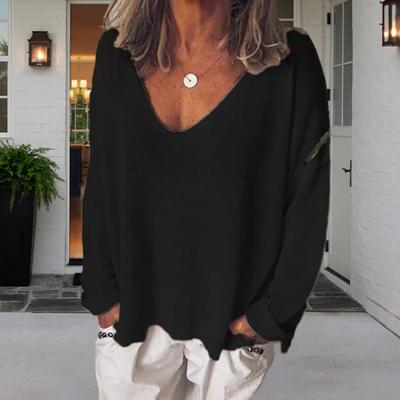 Женская футболка с V-образным вырезом и длинным рукавом, свободная футболка, однотонная, дышащая, повседневная, пуловер, топы, повседневная одежда
