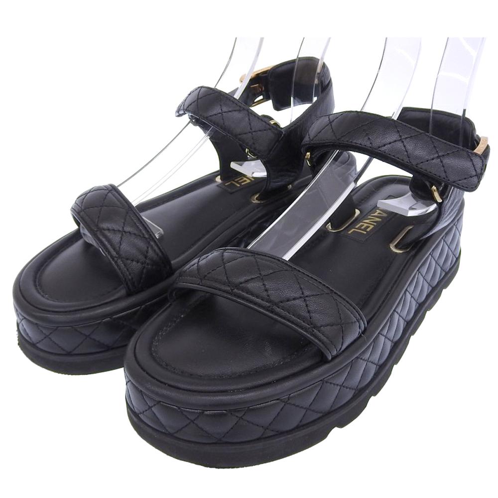 Chanel Métiers d'Art Collection Leather CC Logos Matelasse Platform Velcro Sandals Women's Size 22A G39143 Shoes 38 blackUsed