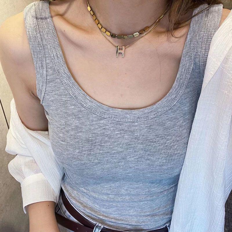 Threaded Cotton U-neck Tank Top - Women's Innerwear & Base Layer, Summer 2024 Style, I-back Design