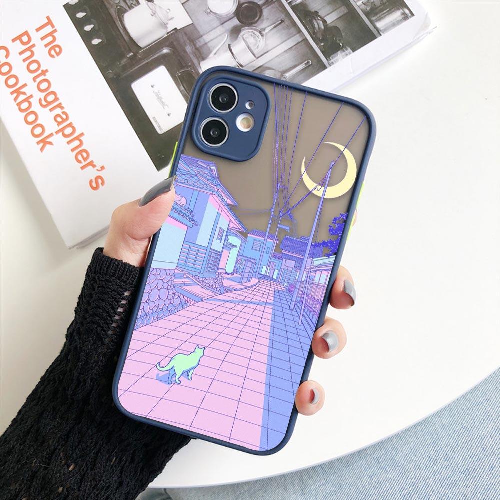 Матовый чехол для iPhone 11 12 13 14 Pm Pro Max XR X 8 7 Plus Pro XS Mini Skin Feeling Cover Япония Аниме Ручная роспись Домашний пейзаж