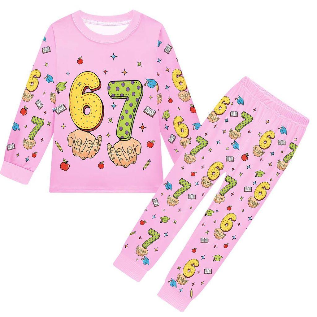19699 Детские Мальчики Девочки Украсть Маразм 67 Шесть Семь Принт Футболка с Длинными Рукавами Брюки Пижама Комплекты для Сна