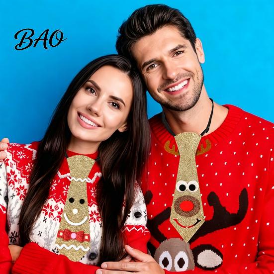 Christmas Tie for Adults Kids Adjustable Glitter Necktie, Non-woven Fabric Holiday Dress Up Costume Necktie with Elastic Band Accessories, Sparkling