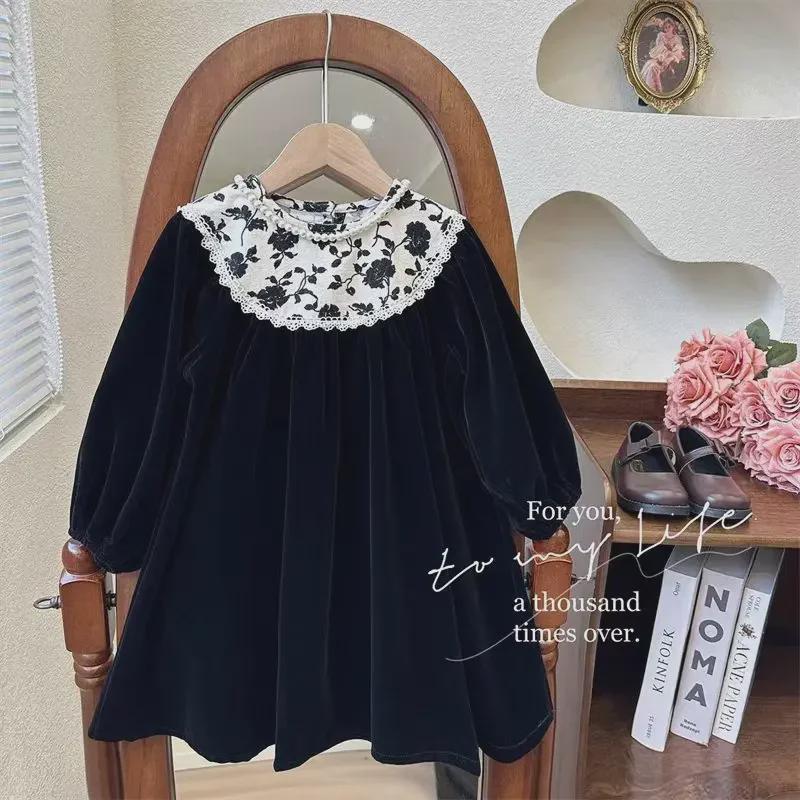 Hepburn-Style Retro Velvet Floral Princess Dress for Girls - Long-Sleeved, Perfect for Spring and Autumn, Korean Design.