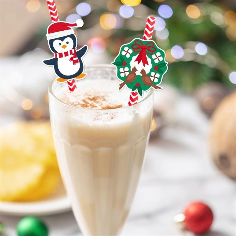 Biodegradable Christmas Paper Straws with and Tree Artwork Holiday Party Drinkware for Kids Adults