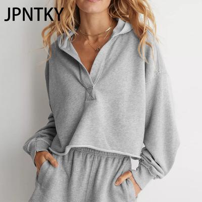 JPNTKY Женская мода Повседневные однотонные худи и свитшоты с принтом и длинным рукавом
