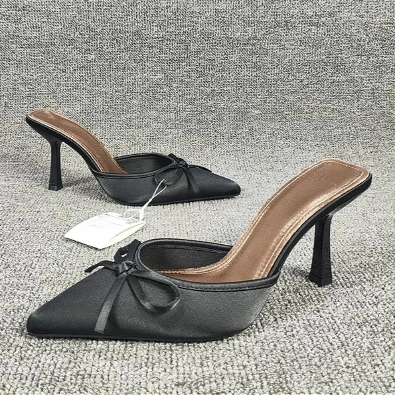 Новые туфли на высоком каблуке с бантом женские туфли-мюли с острым носком сексуальные летние платья вечерние босоножки на шпильках женские шлепанцы трендовые туфли-лодочки