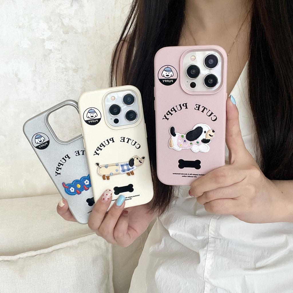 Leather Three Dimensional Embroidered Dachshund Dog Suitable for Apple 15 Promax Cartoon Mobile Phone Case 14 New Model 12 Women 13 Anti Fall