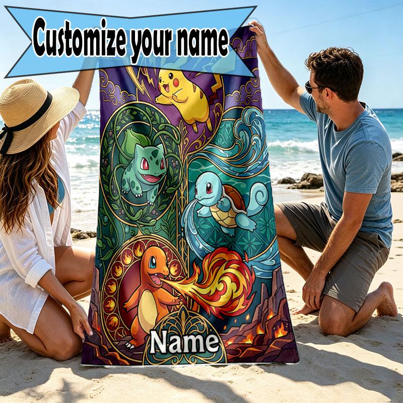 Custom Name Personalized Pokemon Print Beach Towel, for Trip Camping Beach Party Home Decor, Birthday Gift for Family & Friends