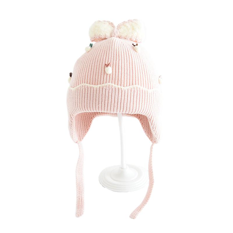 Winter children's hats, girls' outdoor sun shading and windproof woolen hats, baby knitted bow ear protection hats