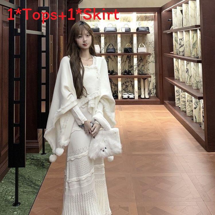 Chinese Style Autumn Winter Sweater Dress Set With Abstract Print For Elegant Women