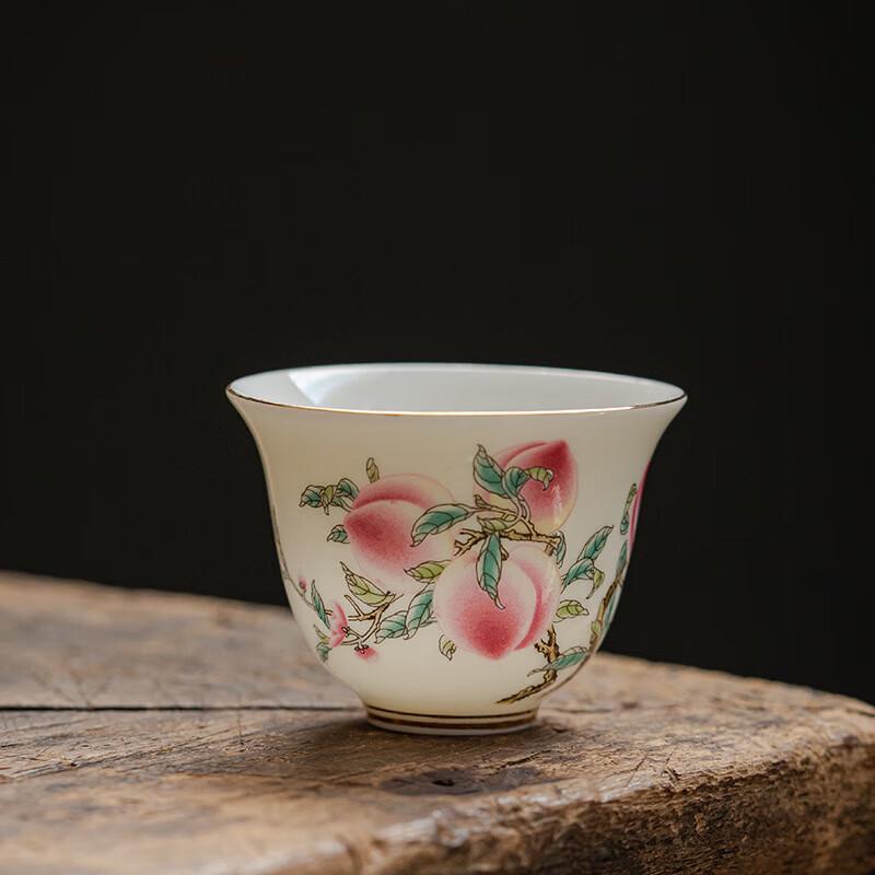 Dehua Suet Jade White Porcelain Teacup with Nine Peaches Design