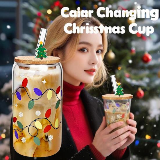 Color Changing Christmas Glass Cup with Lid Straw Brush Reusable Glass Iced Coffee Cup