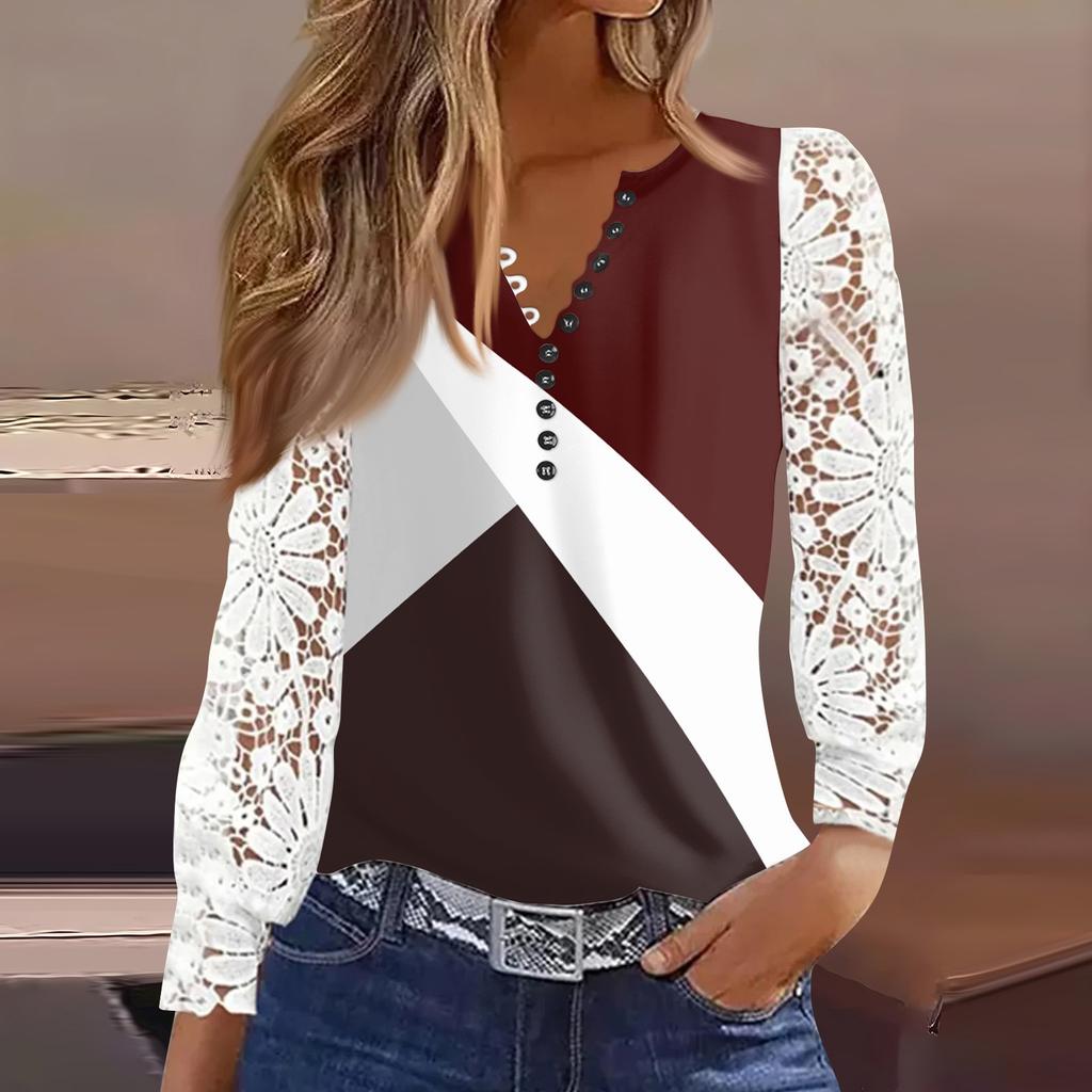 Women's T Shirt Tee Print Button Lace Long-sleeved  Daily Weekend Fashion Basic V- Neck Regular Top