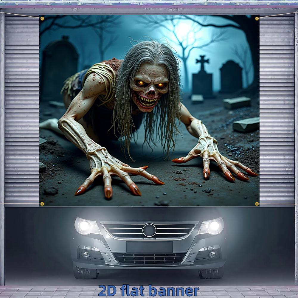 2D flat banner Halloween Happy Garage Door Banner zombies long hair sharp claws blood mouth