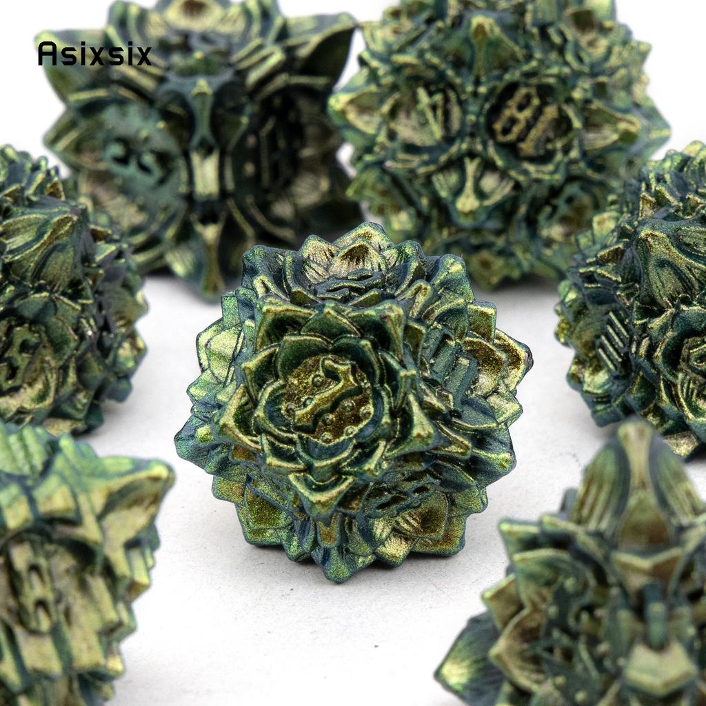 7 Pcs Green Yellow Lotus Flower  Metal Dice Solid Metal Polyhedral Dice Set Suitable for Role-Playing RPG  Board Game Card Game