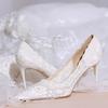 Bride White Lace Stilettos High Heels Women Party Pointed Toe Mesh Shallow Pumps Luxury Design Leather Official Wedding Shoes