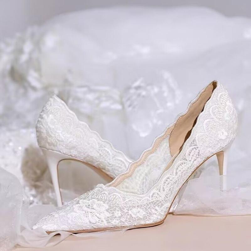 Bride White Lace Stilettos High Heels Women Party Pointed Toe Mesh Shallow Pumps Luxury Design Leather Official Wedding Shoes