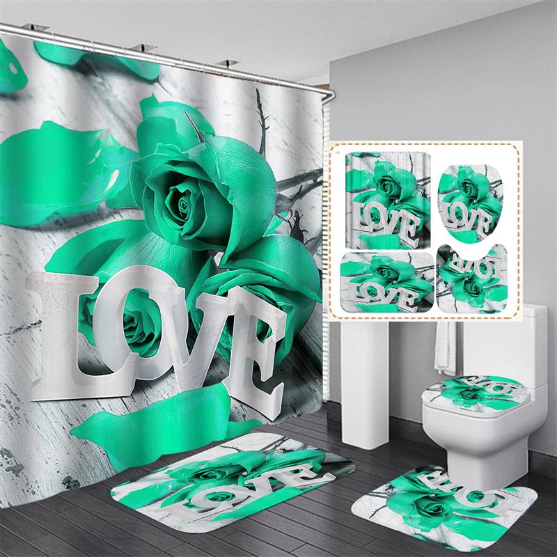Занавеска для душа с цветком розы, водонепроницаемая полиэстеровая занавеска для ванной комнаты с крючками, занавеска для ванны, мягкие напольные коврики, нескользящий коврик для ванной, декор для ванной комнаты, 4 шт.