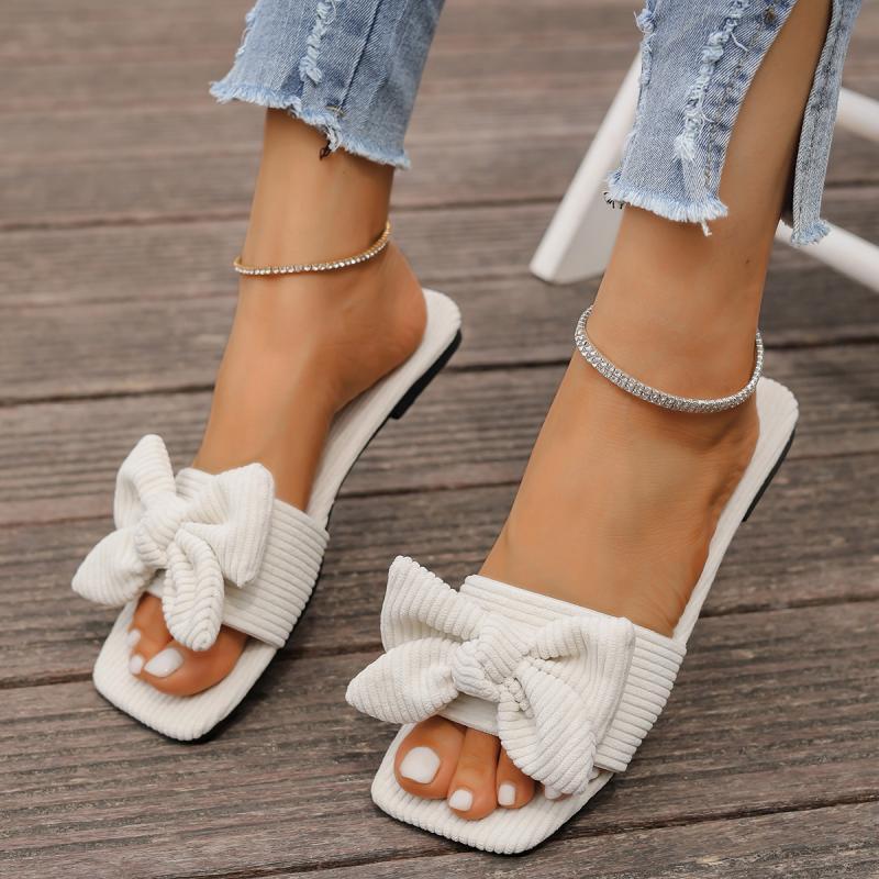 Fashion Fashion Leopard Bowknot Decoration Fabric Slippers Women Summer Square Toe Flat Heel Slip On Sandals Sweet White Beach Shoes