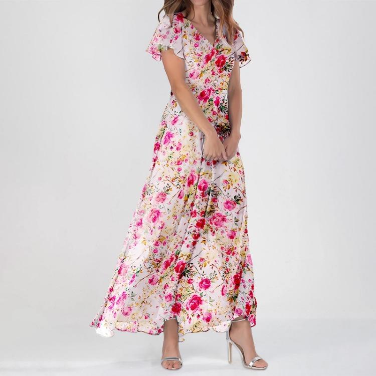Maxi Dresses Casual for Women Summer Elegant Cute Flowing Wedding Guest Short Sleeve Chiffon Floral Dresses