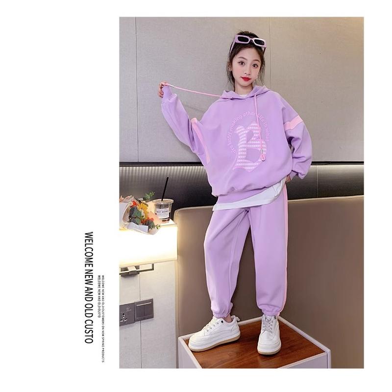 Спортивная детская одежда в корейском стиле, комплект из 2 предметов для девочек, лоскутные толстовки с длинными рукавами, топ и брюки, наряды для девочек-подростков