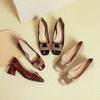Thick-heeled High-heeled Shoes , New Red Wedding Shoes, Mid-heeled Spring and Autumn Women's Shoes, Patent Leather Square Head Shallow  Shoes