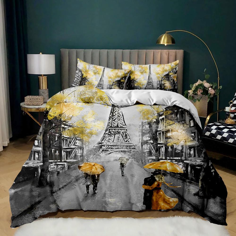 Retro Architectural Duvet Cover Woman In Red Dress Violin Eiffel Tower Double Queen King Polyester