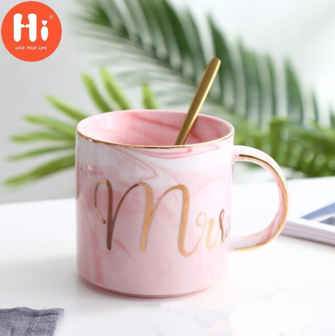 Hi European Gold Stamping Mark Loving Cup of Coffee Sir MS Letter Men Women Ceramic Mugs Marble Cup
