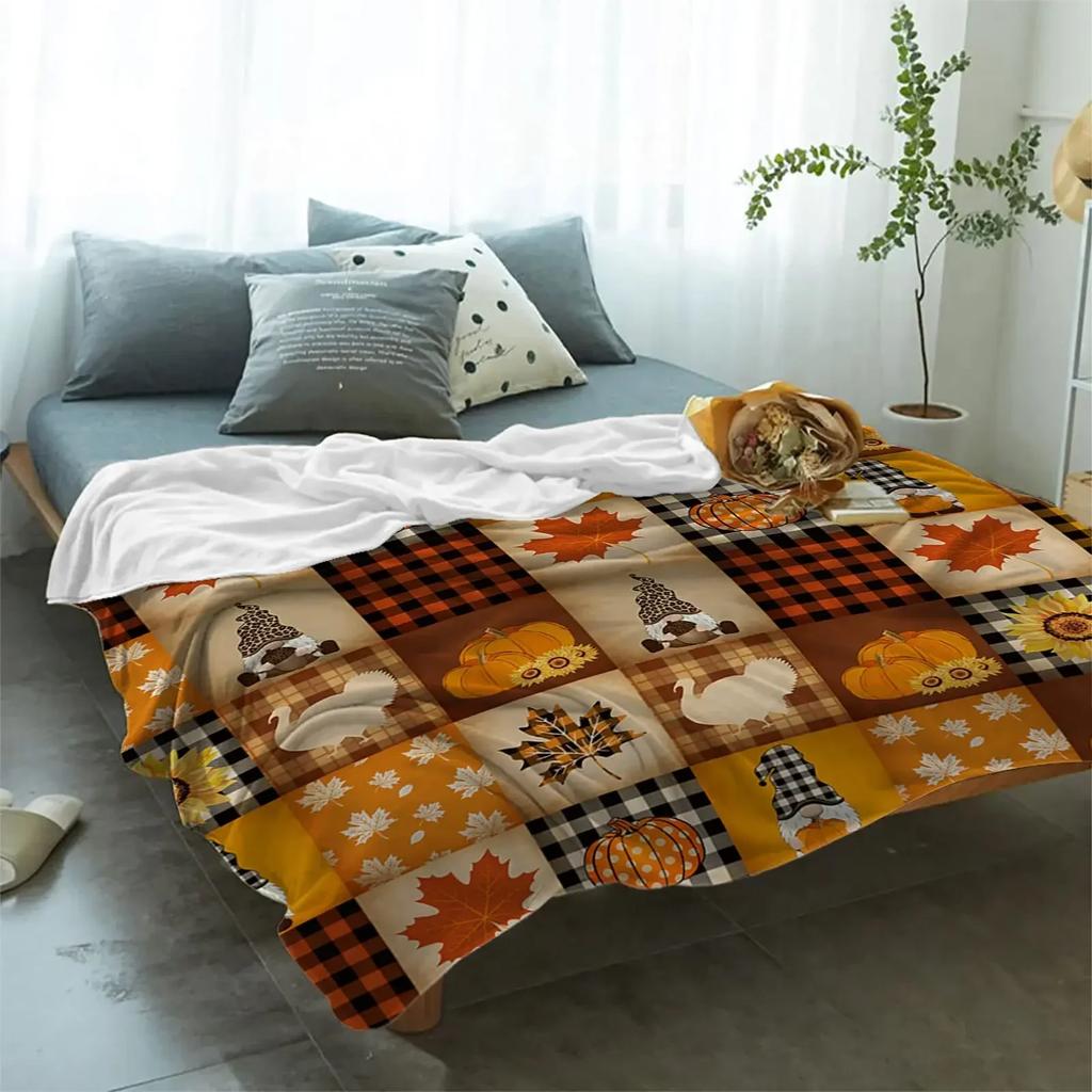 Thanksgiving Pumpkin Blanket Super Soft Flannel Throw Blankets Pumpkin Turkey Maple Leaf Gnome Plaid Blanket Plush Blankets Gift