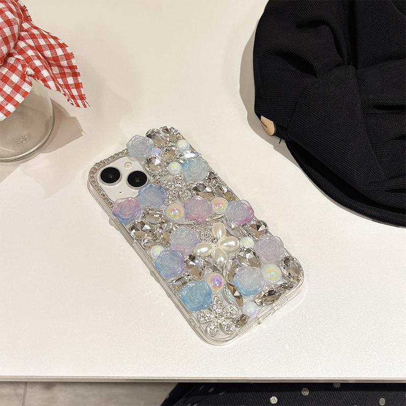 For IPhone17promax Rhinestone Phone Case for Apple 15 Pearl Flower Luxury 14 Rose Flower 13 Hard Case