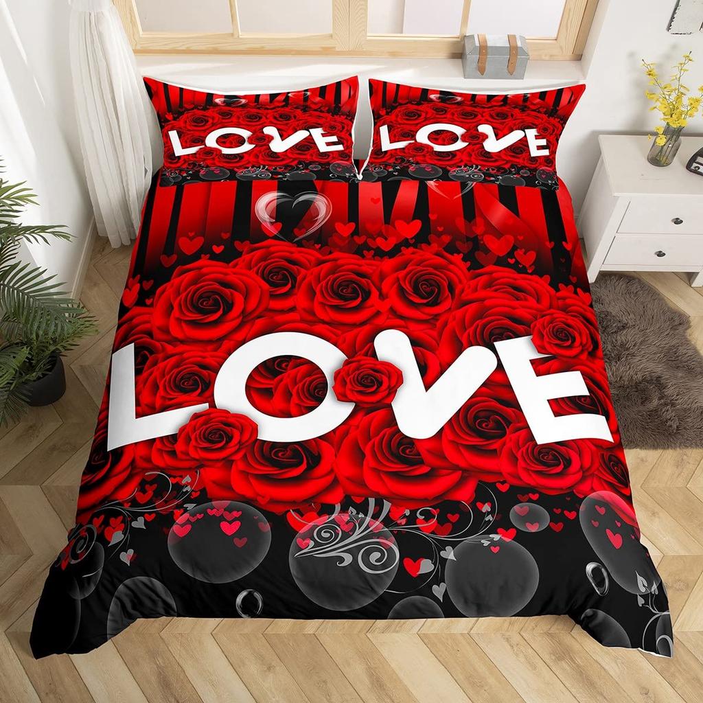 Valentine's Day Rose King Queen Duvet Cover Red White Floral Bedding Set Romantic Flowers Quilt Cover Polyester Comforter Cover