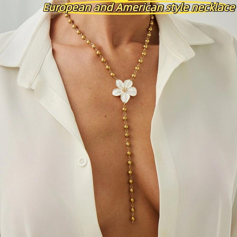 Gold Flower Necklace Drip Oil Women Long Necklace Personality Beads Clavicle Chain Party Jewelry