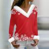 Женская мода повседневная плюшевая кофта с длинным рукавом и V-образным вырезом с рождественским принтом