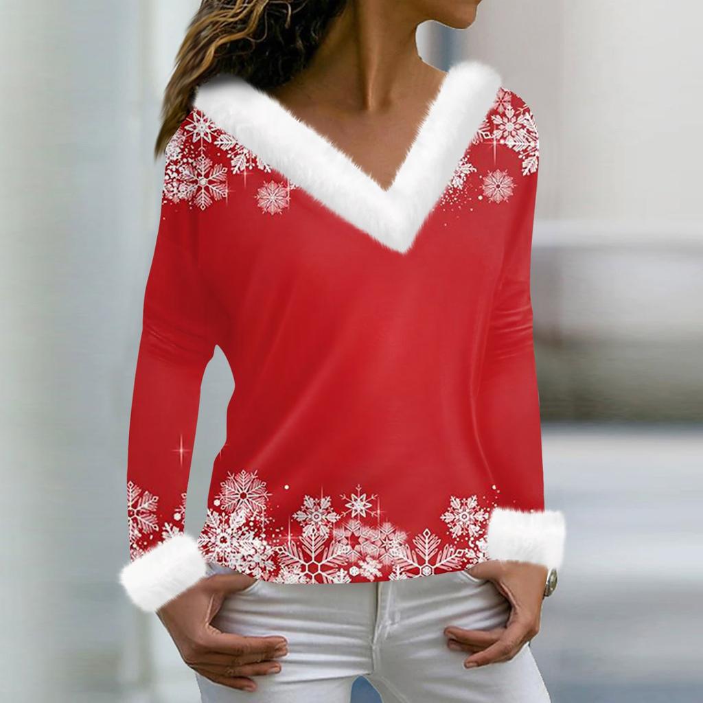 Женская мода повседневная плюшевая кофта с длинным рукавом и V-образным вырезом с рождественским принтом