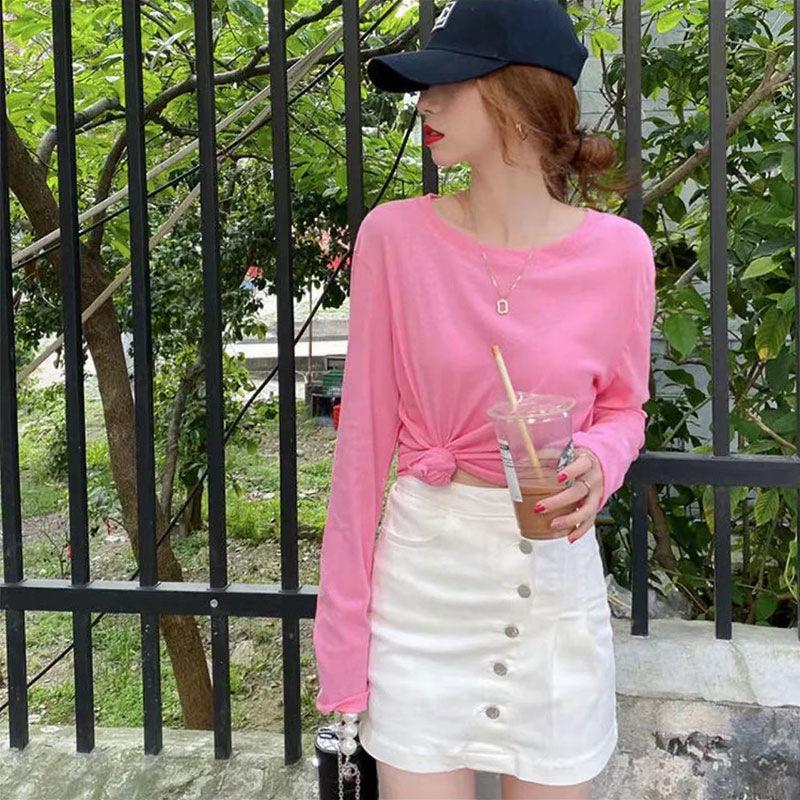 Women's Summer Ice Silk Gauze Sunscreen Blouse, Thin Airy Long-Sleeve Pink T-Shirt