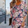 Women Casual Dress Autumn Purple Rose Print Dresses For Women O-neck Short Sleeve Dress Plus Size