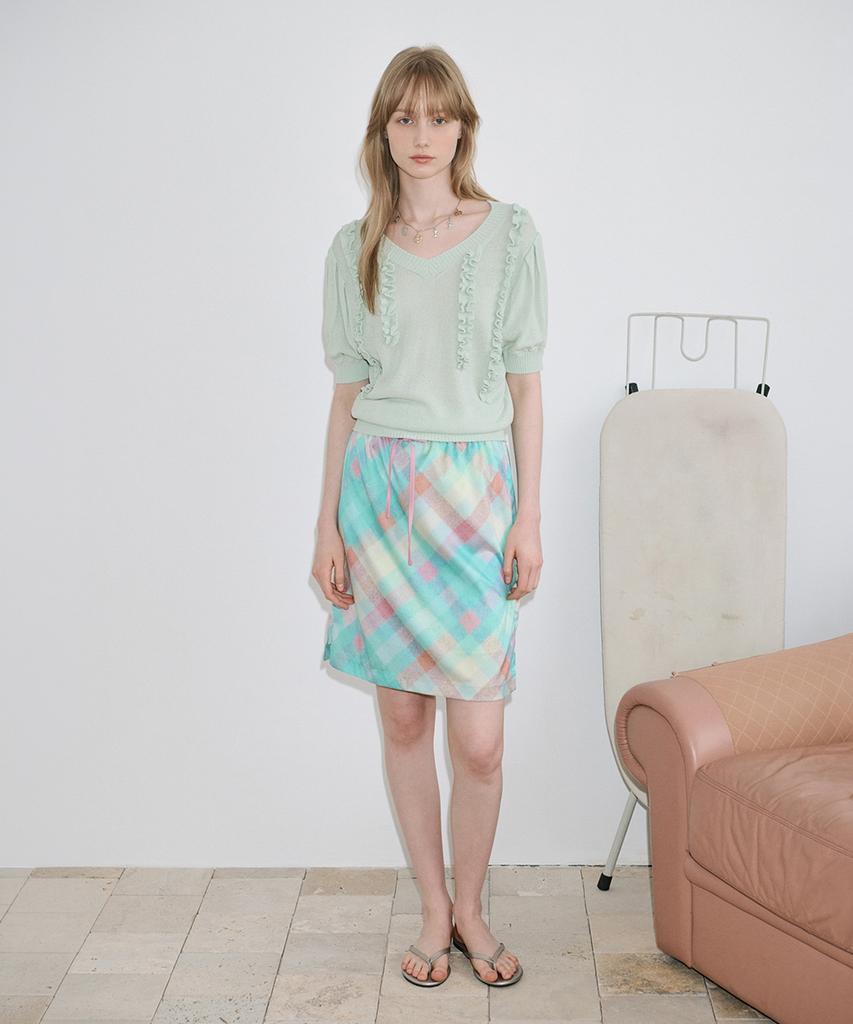 Sinun Check Printed Midi Skirt (Mint)