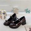 Bow Brown Round Head British Jk Small Leather Shoes French Retro High Heel Mary Jane Shoes Women's New Summer
