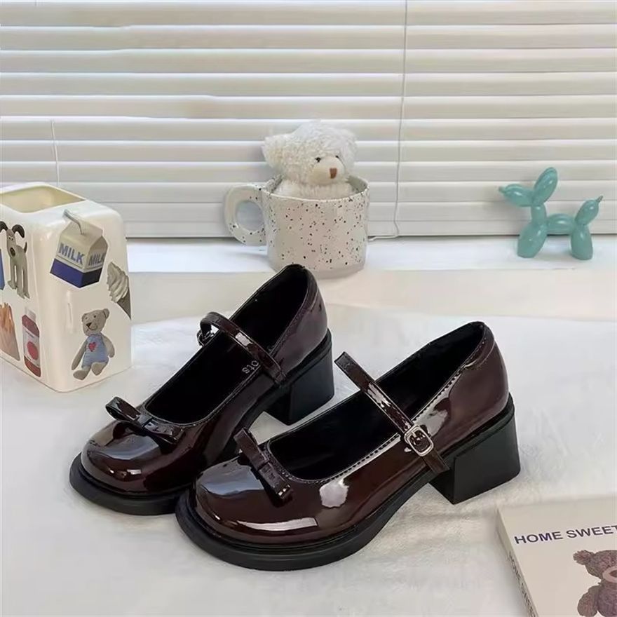 Bow Brown Round Head British Jk Small Leather Shoes French Retro High Heel Mary Jane Shoes Women's New Summer