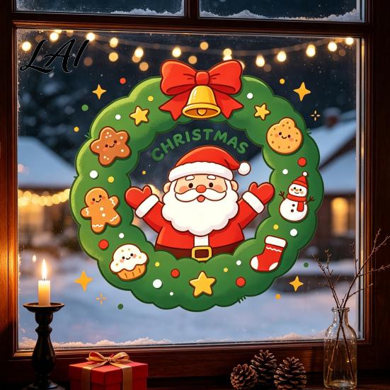 Christmas Window Clings Santa Claus Wreath Cling Cartoon Static Sticker PVC Easy Peel Film Waterproof Glass Decal for Home Holiday Party And