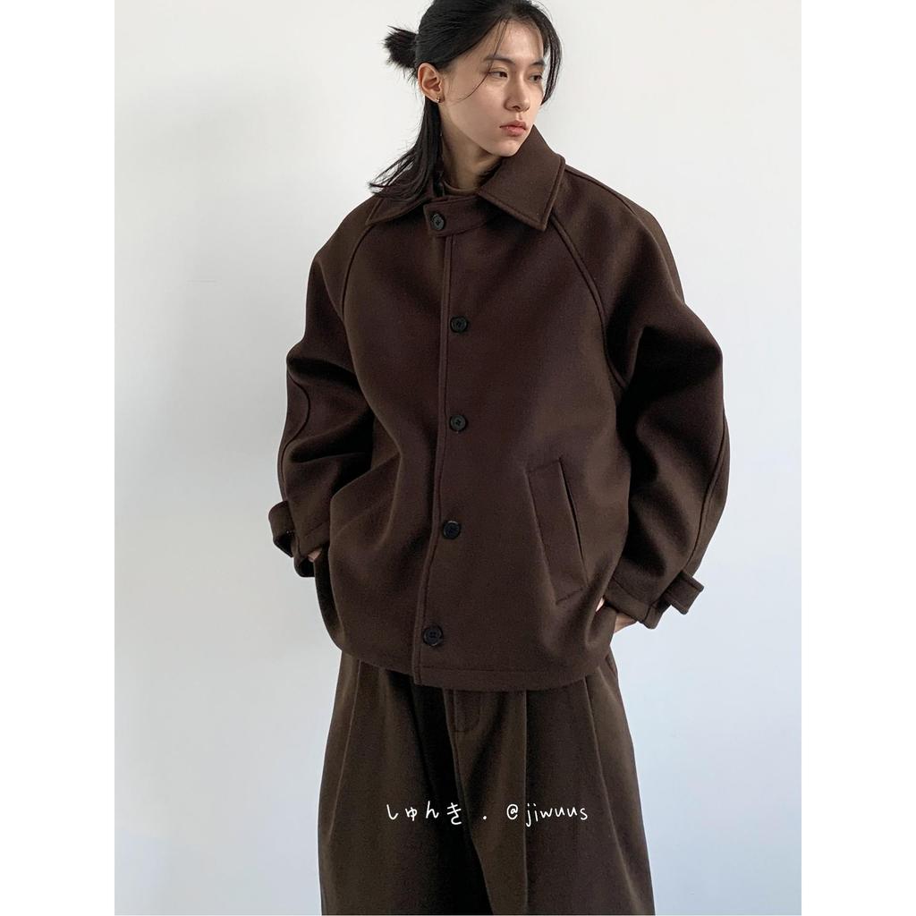 Унисекс Ретро Кофейное Шерстяное Пальто с Рукавами Реглан