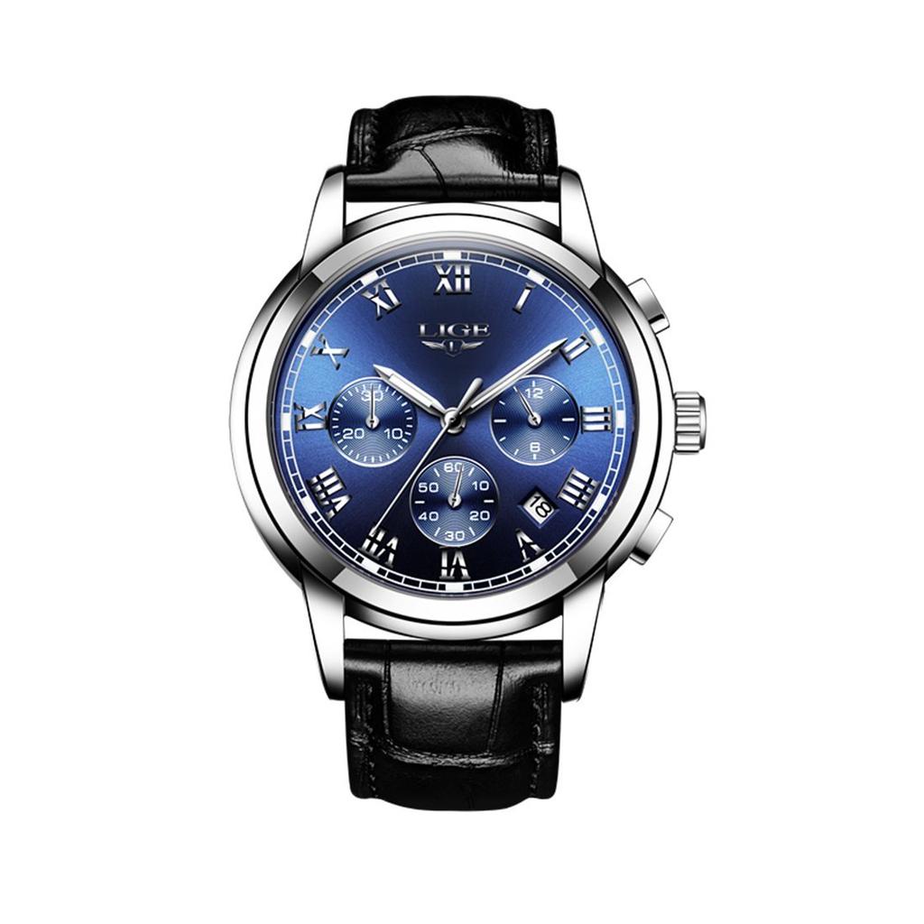 LIGE 9810L Часы для отдыха, моды, бизнеса, водонепроницаемые, дата, спорт, коричневые кожаные часы, серебристые, кварцевые, мужские (Серебристо-синий), Синий, Движение.