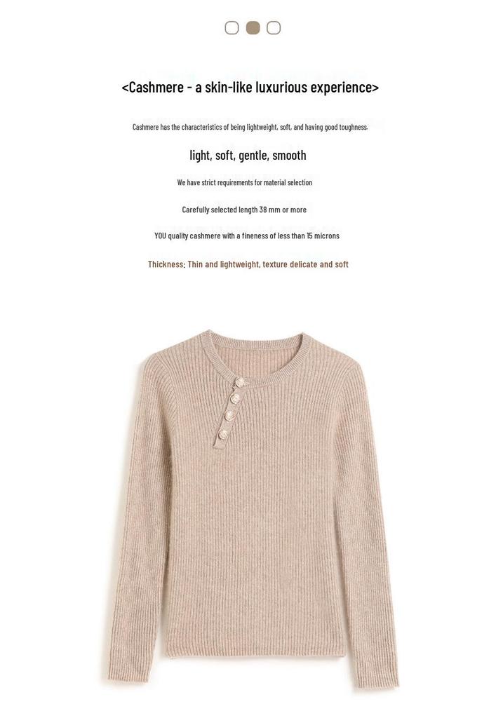 Женский облегающий кашемировый свитер - С круглым вырезом, в рубчик, с диагональными пуговицами, Элегантный трикотаж для осени и зимы