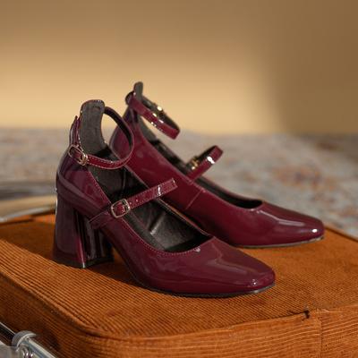 Мэри Джейн 2025 весна и лето новые туфли-лодочки с квадратным носком детские универсальные лакированные бордовые на толстом каблуке на высоком каблуке темперамент